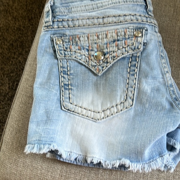 Miss Me Blue Jean Shorts with Frayed Hem and Distressed Look - Picture 4 of 5